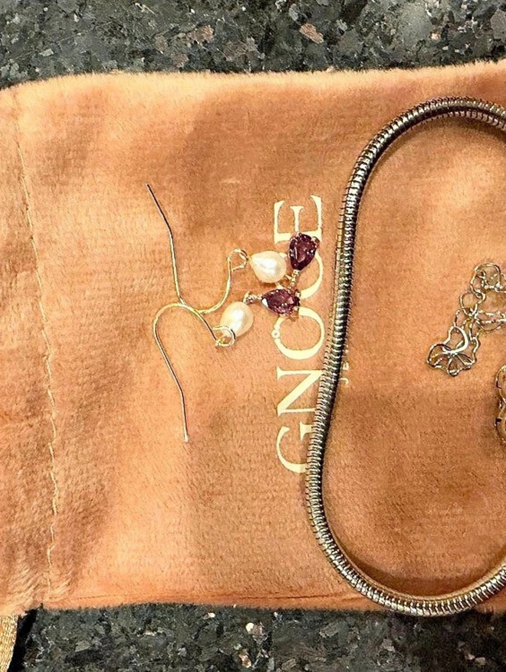 NEW Gnoce silver bracelet 19 cm and pearl amethyst earrings bundle.